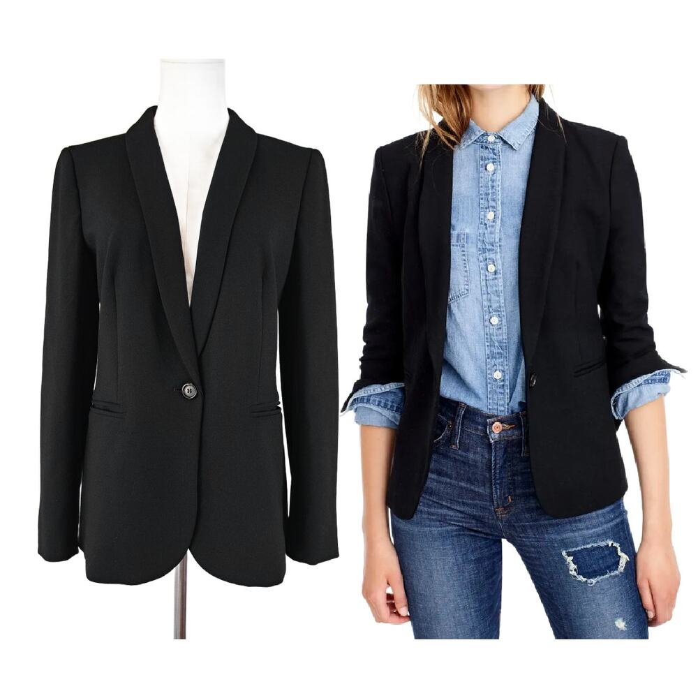 J Crew Black Parke Blazer Jacket Bi-Strech Wool Size 4 Shawl Collar